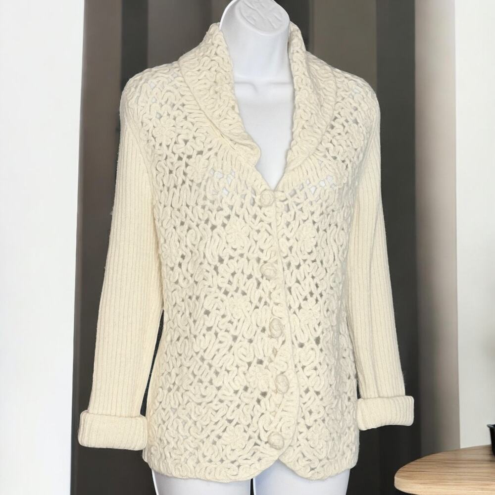 Coldwater Creek Ivory Crochet Wool Cardigan Sweater Sz Small Cottage Y2K Japan